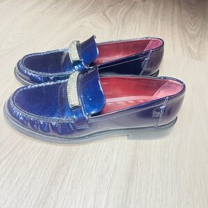 women's Franco Sarto Lizzy loafers dark blue patent leather jewel strap Sz 6